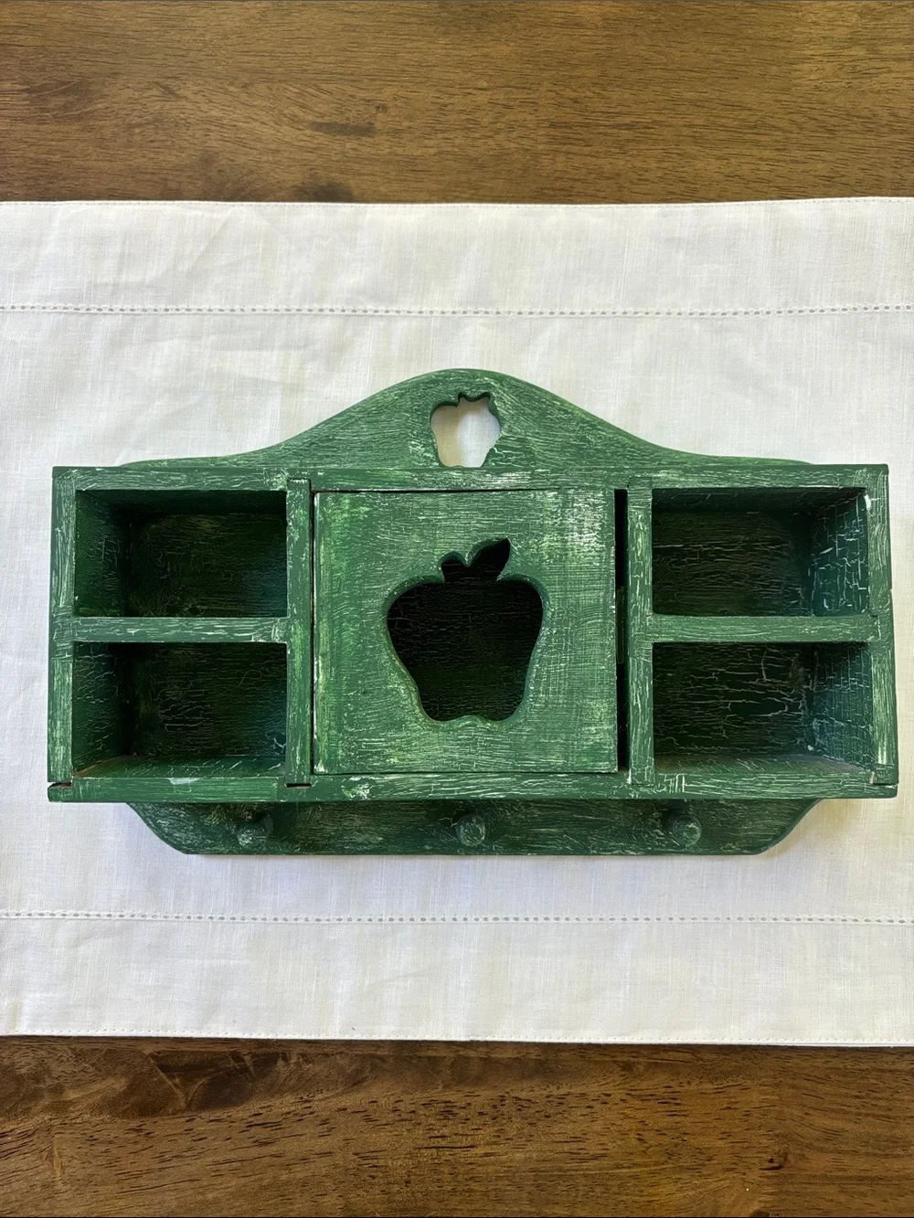 Vintage Rustic Green Apple Wall Shelf with Hooks - Decorative Home Organizer